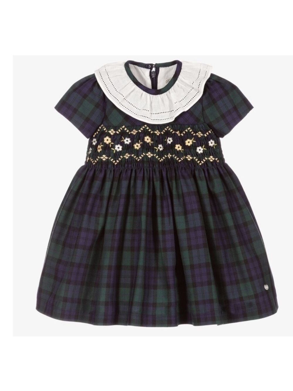 Plaid Dress with Floral Embroidery
